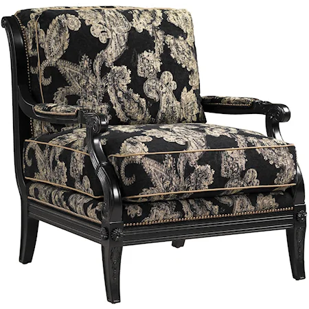 Sanderson Loose Back Chair with Nailhead Trim in Black & Gold Tapestry Fabric